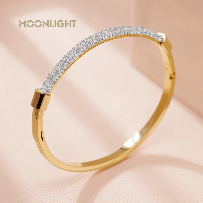 Luxury Cubic Zirconia Cuff Bangle for Women – MOONLIGHT Titanium Steel Classic Bracelet Gift