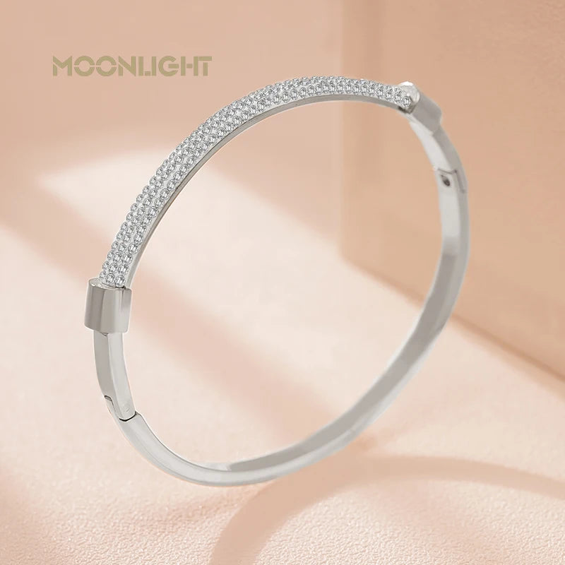 Luxury Cubic Zirconia Cuff Bangle for Women – MOONLIGHT Titanium Steel Classic Bracelet Gift