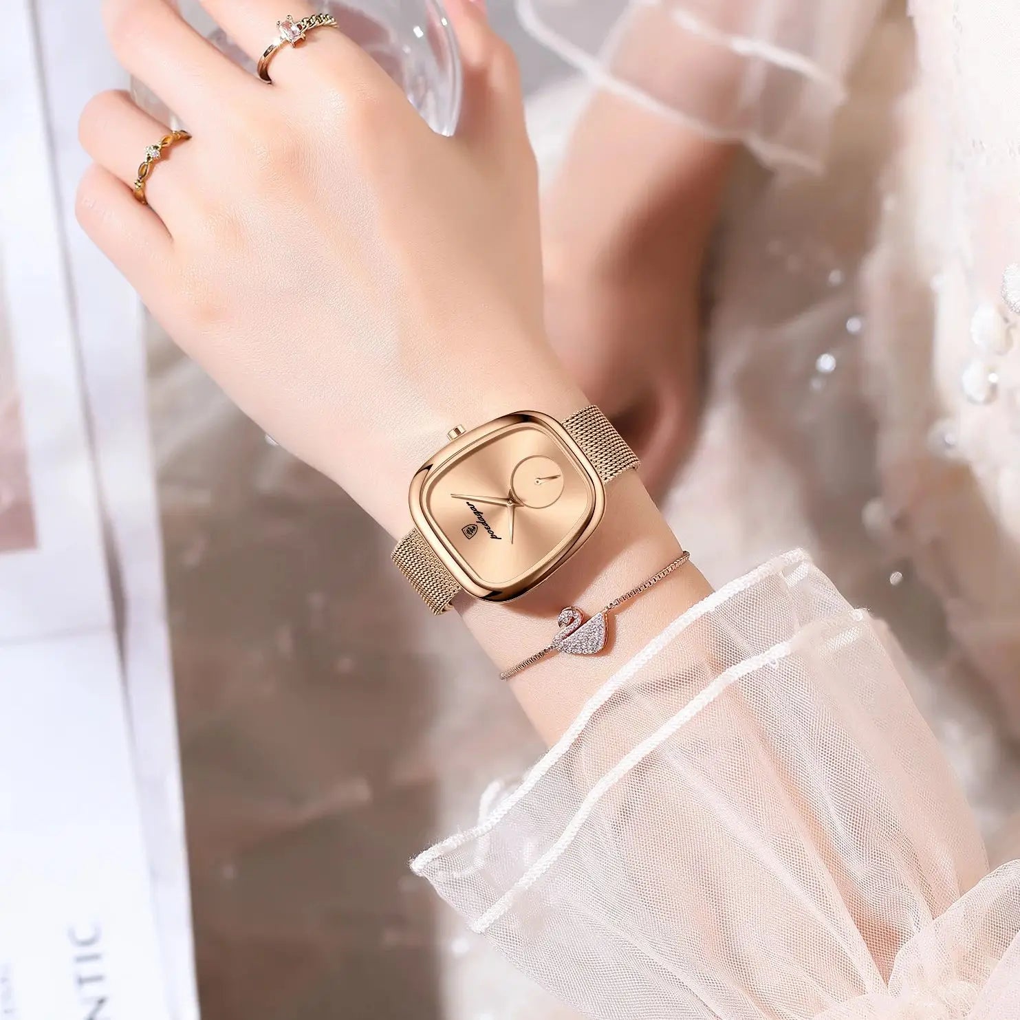 Elegant Waterproof Mesh Stainless Steel Ladies Wristwatch