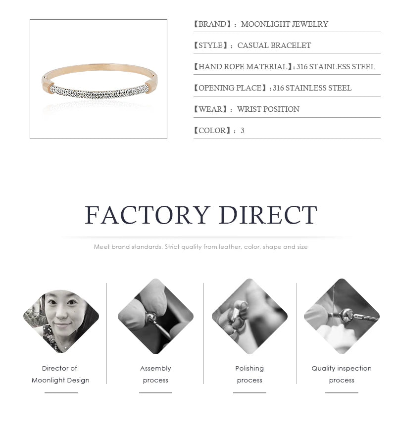 Luxury Cubic Zirconia Cuff Bangle for Women – MOONLIGHT Titanium Steel Classic Bracelet Gift