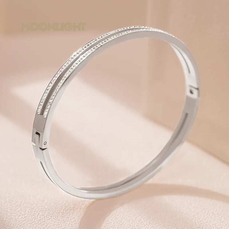 Luxury Cubic Zirconia Cuff Bangle for Women – MOONLIGHT Titanium Steel Classic Bracelet Gift