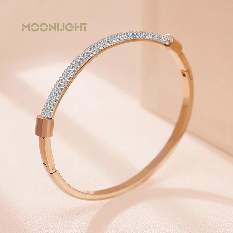Luxury Cubic Zirconia Cuff Bangle for Women – MOONLIGHT Titanium Steel Classic Bracelet Gift
