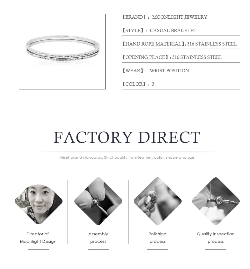 Luxury Cubic Zirconia Cuff Bangle for Women – MOONLIGHT Titanium Steel Classic Bracelet Gift